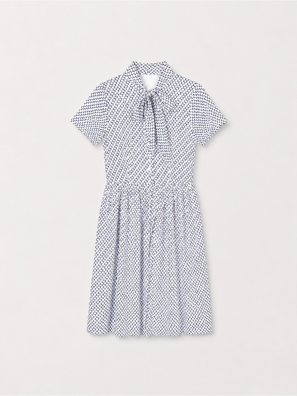 Polka Dot Tie-Neck Short Sleeve Dress in White and Navy Vintage